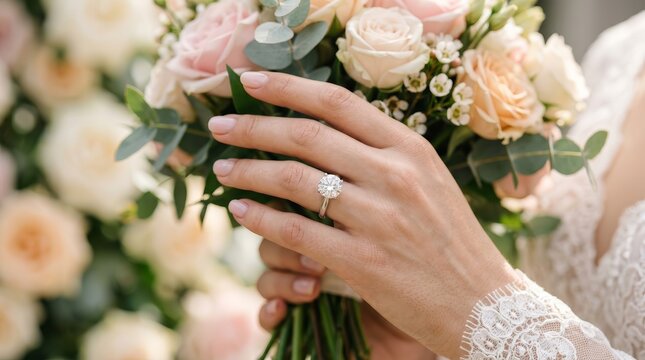 A beautiful diamond engagement ring on the finger of a bride holding flowers.