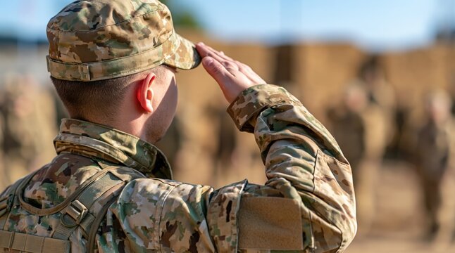 Back view of soldier in camouflage uniform saluting