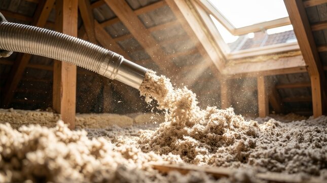 A close medium view shows cellulose insulation being installed in an attic to increase thermal efficiency.