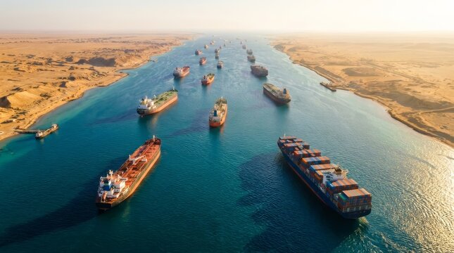 Tankers and container cargo ships clustered at a strategic maritime chokepoint.
