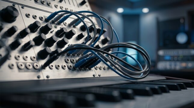 Modular synthesizer with patch cables and knobs used for music production and sound design.