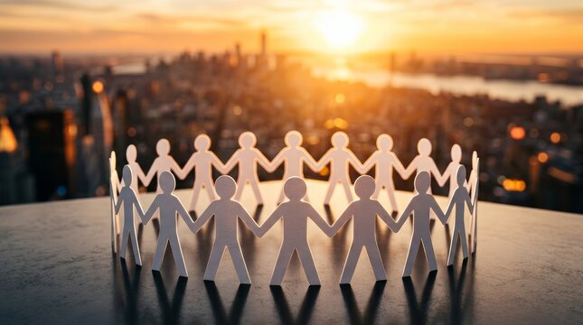 A circle of paper cutout figures symbolizing unity against a blurred urban sunset.