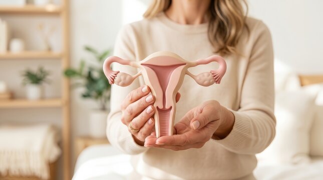 Close up of hands holding a female reproductive system model for gynecological health and cancer awareness.