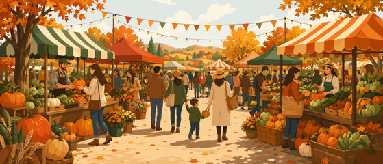 Obraz premium Vibrant autumn farmers market scene with diverse produce and shoppers