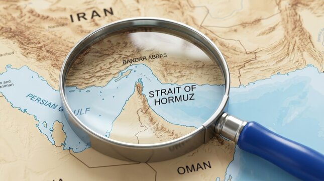 A magnifying glass highlighting the Strait of Hormuz on a detailed map of Iran and the Middle East region.