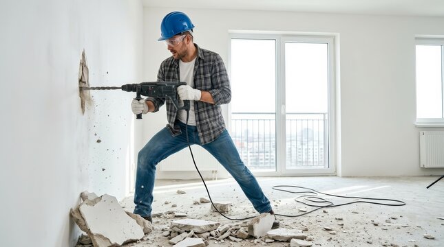 Renovation concept featuring a worker with a blue hardhat breaking a wall with a power drill.