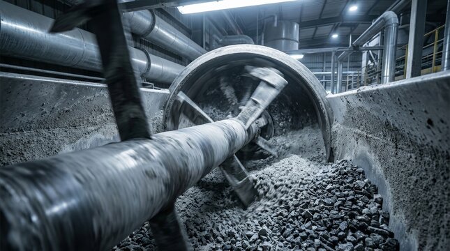 Sustainable binders and cement alternatives being processed in an industrial mixer.