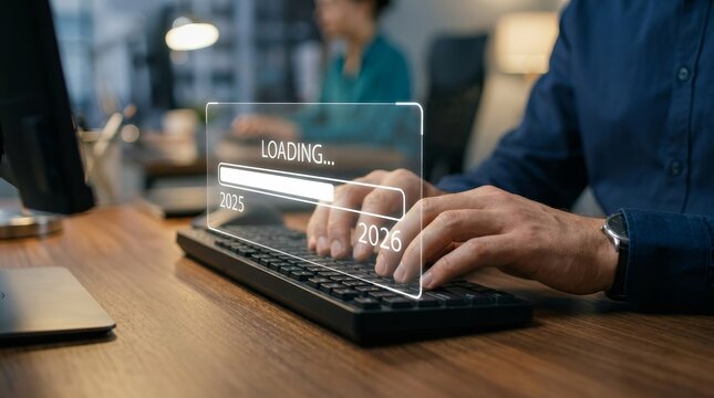 Merry Christmas and Happy New Year concept featuring a businessman using a keyboard with a 2025 to 2026 technology loading bar.