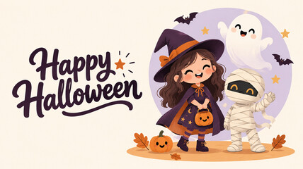 Fototapeta premium Cute Cartoon Children in Halloween Costumes with Ghost and Pumpkin