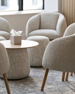 Circle of Upholstered Chairs and Tissue Box in Calm Counseling Room