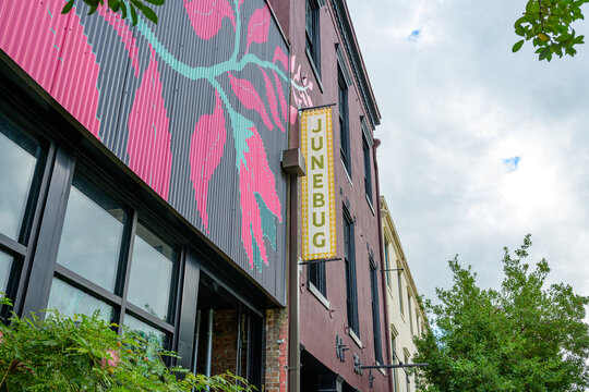 New Orleans, LA, USA - September 12, 2026: Front of Junebug Restaurant, Bar and Event Space on Camp Street in the Warehouse District