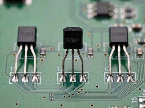 Row of three 2n3904 npn transistors mounted on circuit board for logic switching operations.