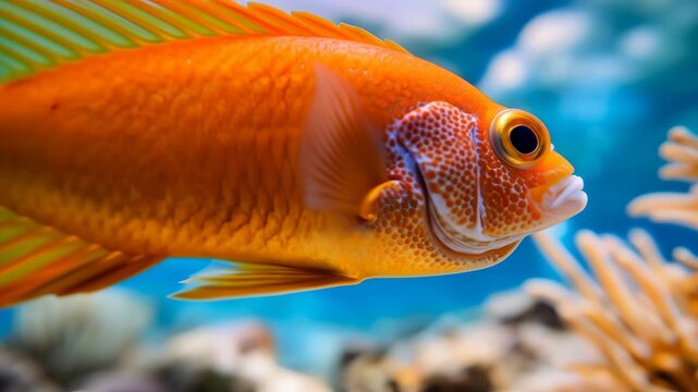Orange tropical fish swims toward the camera above coral and rocky seabed in clear blue underwater light