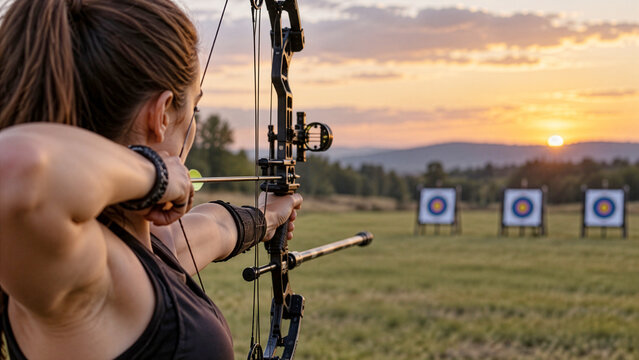 Focused Female Archer Aiming Compound Bow at Targets During Golden Hour Sunset Practice