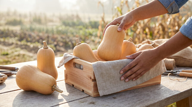 Farmer hands packing freshly harvested butternut squash into wooden crate in warm morning light against rural farmland backdrop