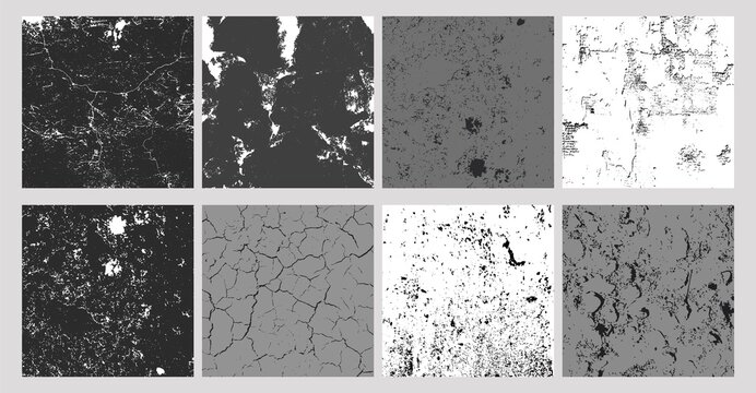 Set of 8 grunge cracked and distressed grayscale textures. Perfect for overlays, posters, digital art