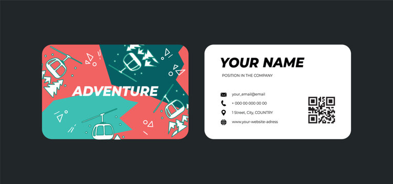 Business card with mountains cable car and contact details template. Adventure text.