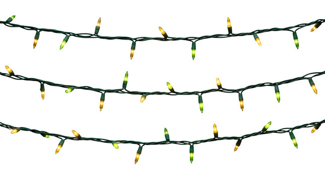 Three strands of illuminated christmas lights on a clean white background