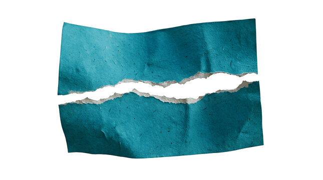 A piece of textured teal blue paper torn in half on black background
