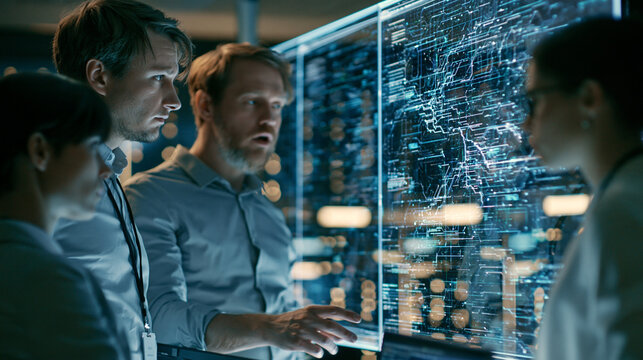 Technology team analyzing network data on a futuristic transparent display