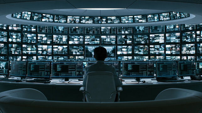 Exceptional photorealistic corporate advertising photograph of a cybersecurity operator sitting in a high-tech command center facing a massive wall of surveillance screens