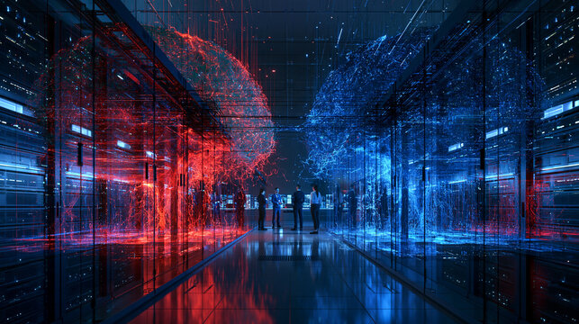Futuristic data center with team of professionals observing massive glowing red and blue digital AI neural network brains encased in server racks
