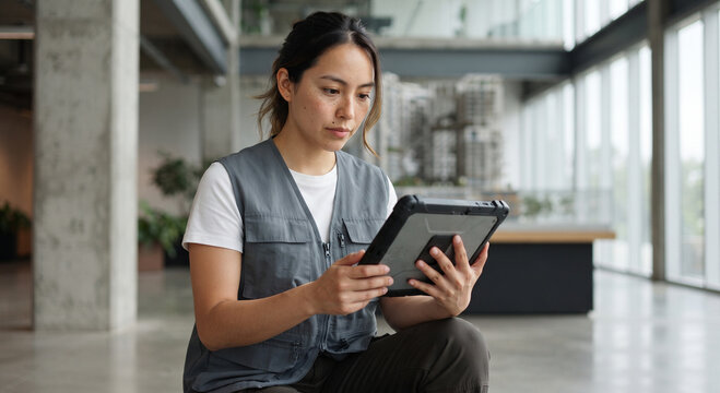 Woman wearing a work vest holding a rugged tablet in a modern commercial building