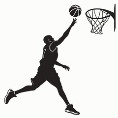 Basketball player silhouette making a jump shot towards the hoop for a slam dunk with training © Badsha
