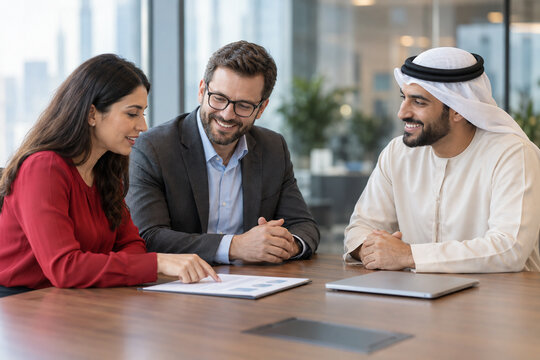 Business professionals in a meeting with an Emirati businessman in a modern office