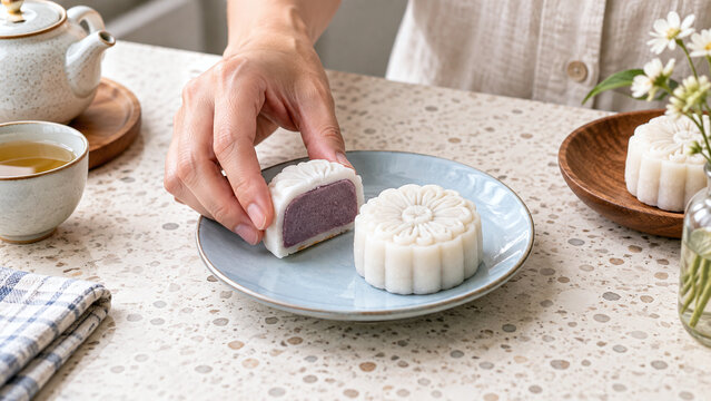 Hands serving a snow skin mooncake with purple filling