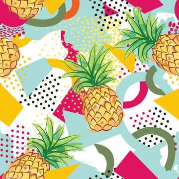 Summer holiday beach party background with pineapple over abstract geometric shape festive seamless pattern in hawaiiian  style.