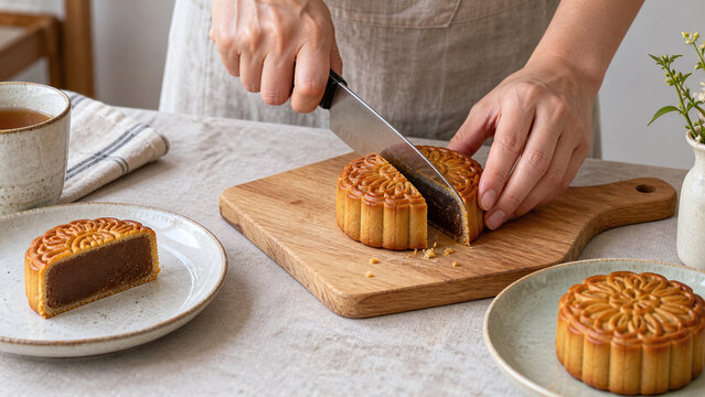 Adult slicing a mooncake for a family tasting