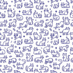 Fototapeta premium Whimsical hand-drawn blue cat doodle icons set in playful minimalist style, perfect for planners, stickers, and pet-themed stationary designs