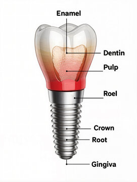 Cross section of human tooth with dental implant showing enamel dentin pulp roel.