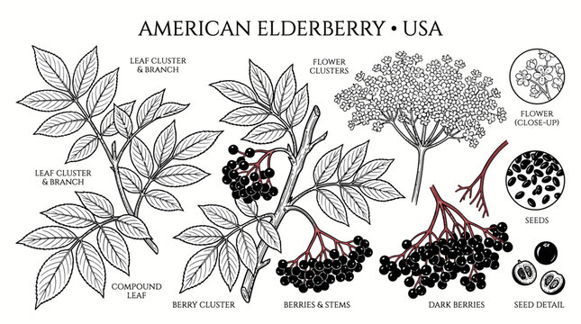 Very beautiful black and white vector set of American Elderberry Shrub, leaves, flower clusters, dark berries, seeds and forest branches. Label: "AMERICAN ELDERBERRY &bull; USA" no gradient, white backgrou