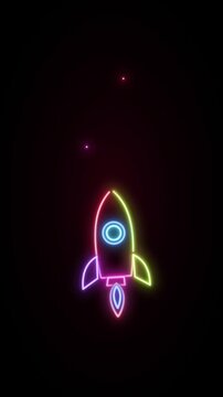 Neon countdown animation with glowing numbers and rocket blasting off against black. Vibrant pink, green, and purple outlines create retro futuristic energy for launches and events.