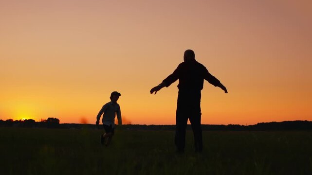 Silhouette of child and elder bonding at sunset on open field, capturing generational connection, peaceful countryside horizon and warm evening sky