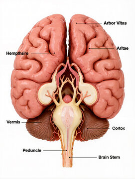 Educational model of human brain structures highlighting hemispheres and brain stem.