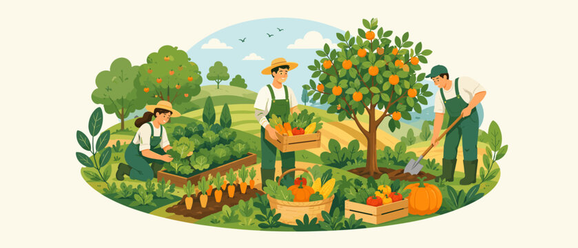Farmers harvesting fresh organic vegetables and fruits from a lush garden