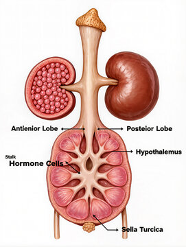 Abstract medical illustration of kidney structure and pituitary gland labels in detail.