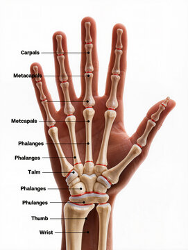 Anatomical model of human hand bones with labels on white background.