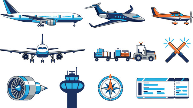 Aviation airport travel vector icon set featuring commercial airplane passenger jet private aircraft baggage tractor marshalling wands control tower and boarding pass