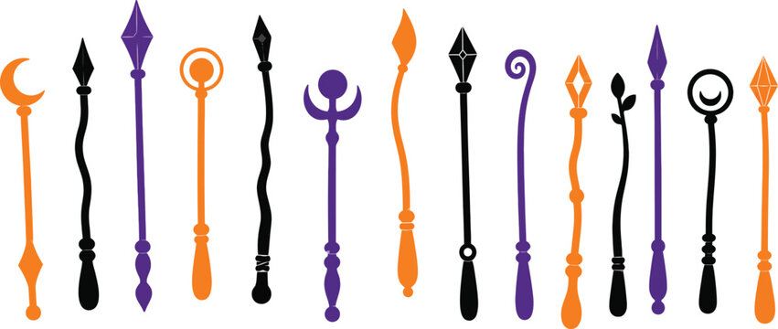 Collection of fantasy magic wands and staffs on a white background