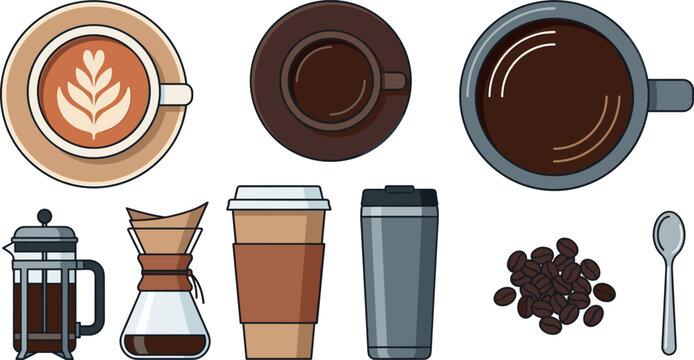 Coffee culture vector illustration set featuring top view latte art espresso black coffee french press chemex paper cup tumbler beans and spoon