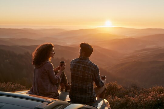 Couple Drinks Coffee on Vehicle Hood While Watching Sunrise Over Valley