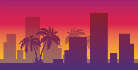 Obraz premium Retro 80s synthwave sunset city skyline with tropical palm tree silhouettes. Miami vaporwave outrun style neon pink and purple gradient background. Flat vector illustration for travel poster design.