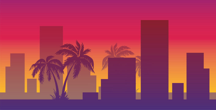 Retro 80s synthwave sunset city skyline with tropical palm tree silhouettes. Miami vaporwave outrun style neon pink and purple gradient background. Flat vector illustration for travel poster design.