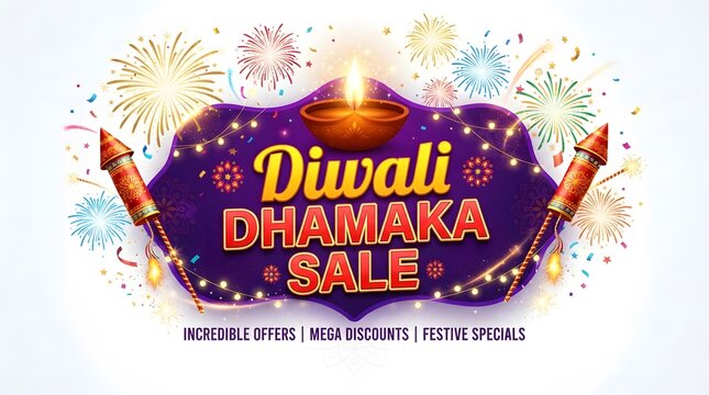 Diwali dhamaka sale banner with traditional diya lamp and firework rockets isolated on white background
