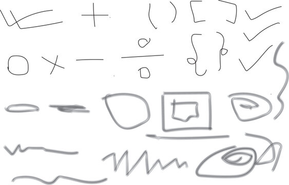 A digital canvas containing various hand-drawn mathematical symbols, check marks, and abstract gestural sketches