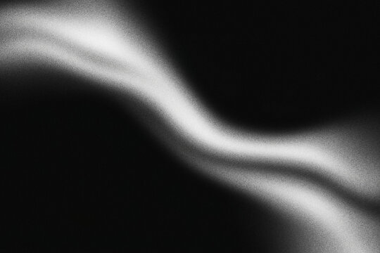 Abstract grainy gradient background with soft white light waves on black. Minimalist blurred texture with film grain. Cinematic dark aura backdrop.